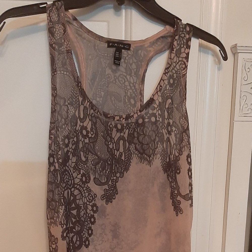 FANG Sheer Mauve & Black Tank Top Ruffle bottom, Sz L, Wonderful, sheer, flowing